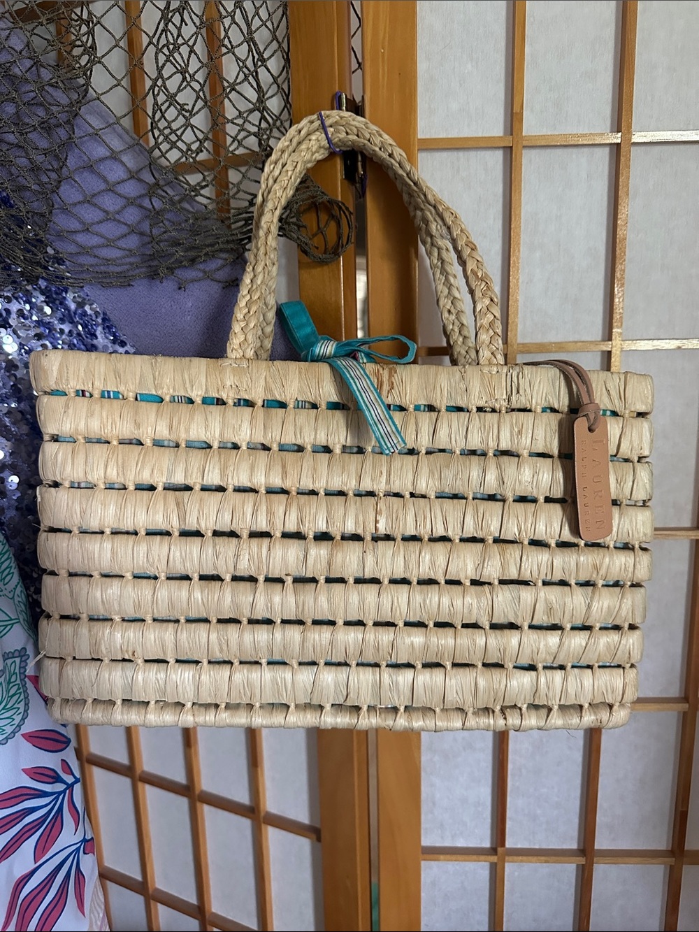 Vintage Lauren Ralph Lauren Woven Straw Tote Bag w/Teal Striped Liner PRISTINE